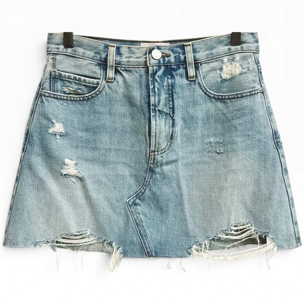 FRAME Le High N Tight Denim Mini Skirt Legacy‎ Baines Distressed Light Wash 27
